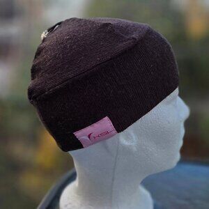 Women's Dark Brown Knit Beanie with Pink Logo Tag